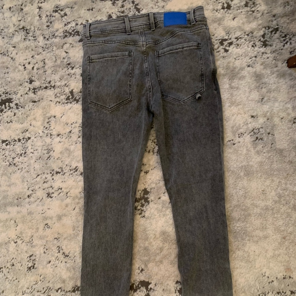 “I love ugly” very high quality faded black denim slim taper jeans (small=28x30)